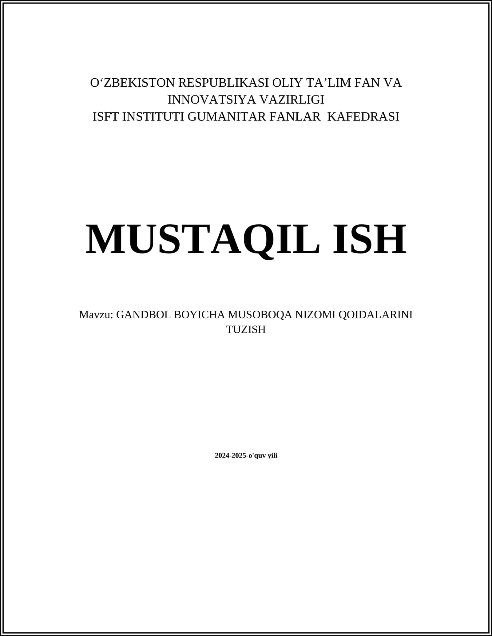 GANDBOL BOYICHA MUSOBOQA NIZOMI QOIDALARINI TUZISH 1