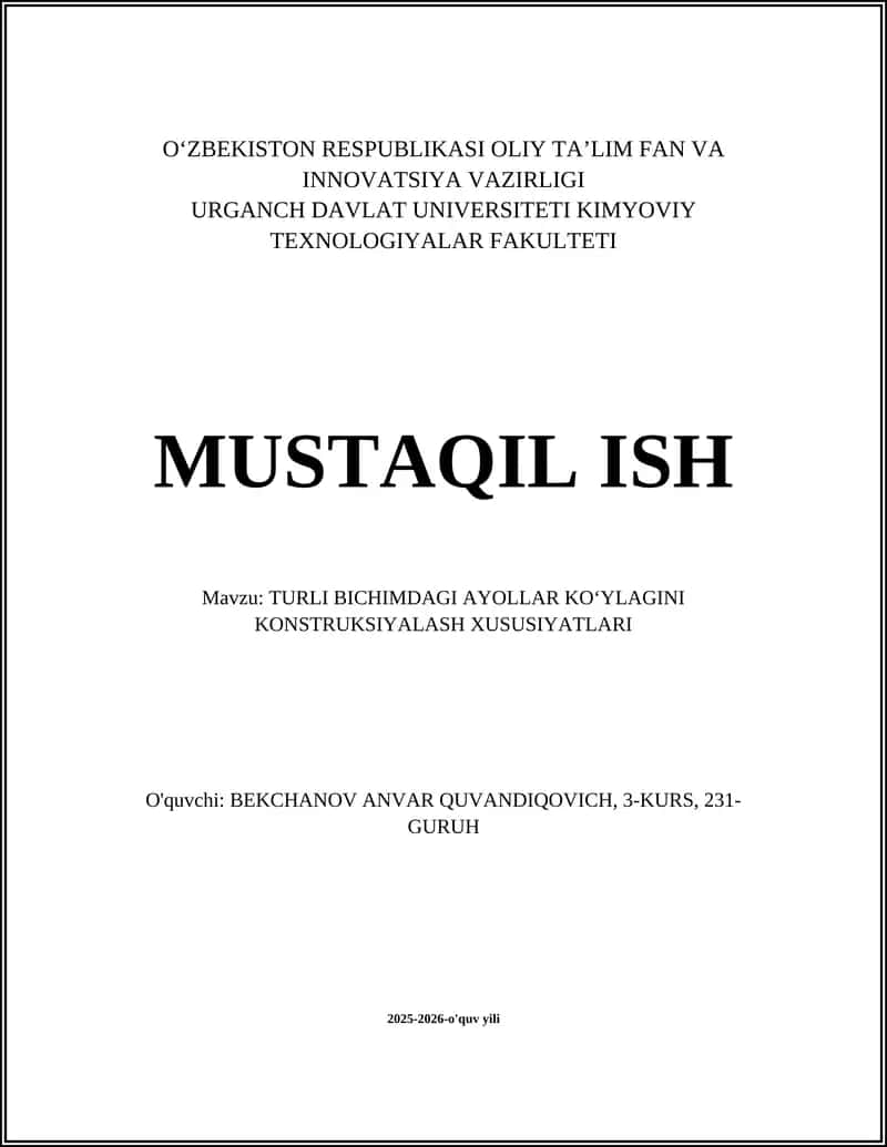 TURLI BICHIMDAGI AYOLLAR KOʻYLAGINI KONSTRUKSIYALASH XUSUSIYATLARI 1