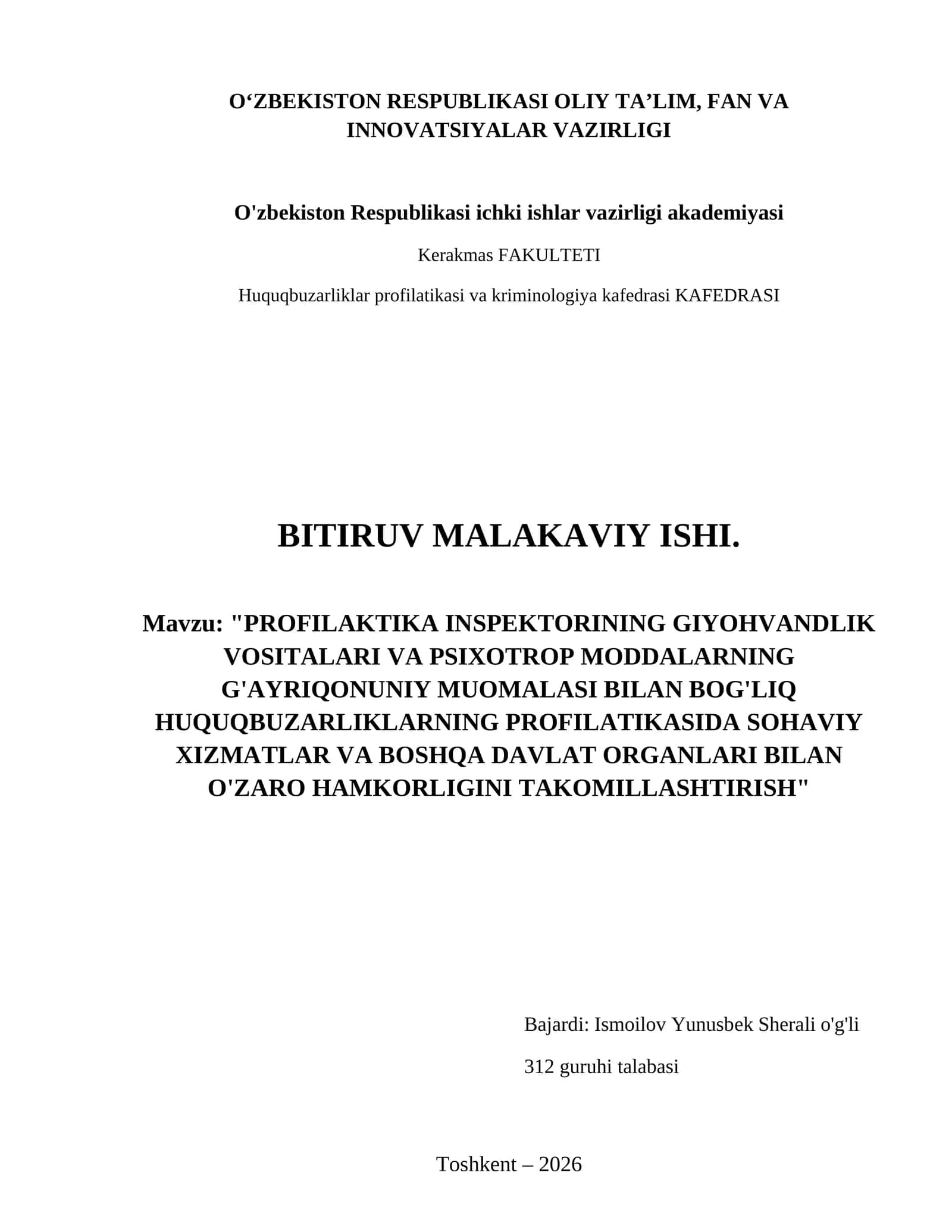 Profilaktika inspektorining giyohvandlik vositalari va psixotrop moddalarning g'ayriqonuniy muomalasi bilan bog'liq huquqbuzarliklarning profilatikasida sohaviy xizmatlar va boshqa davlat organlari bilan o'zaro hamkorligini takomillashtirish 1