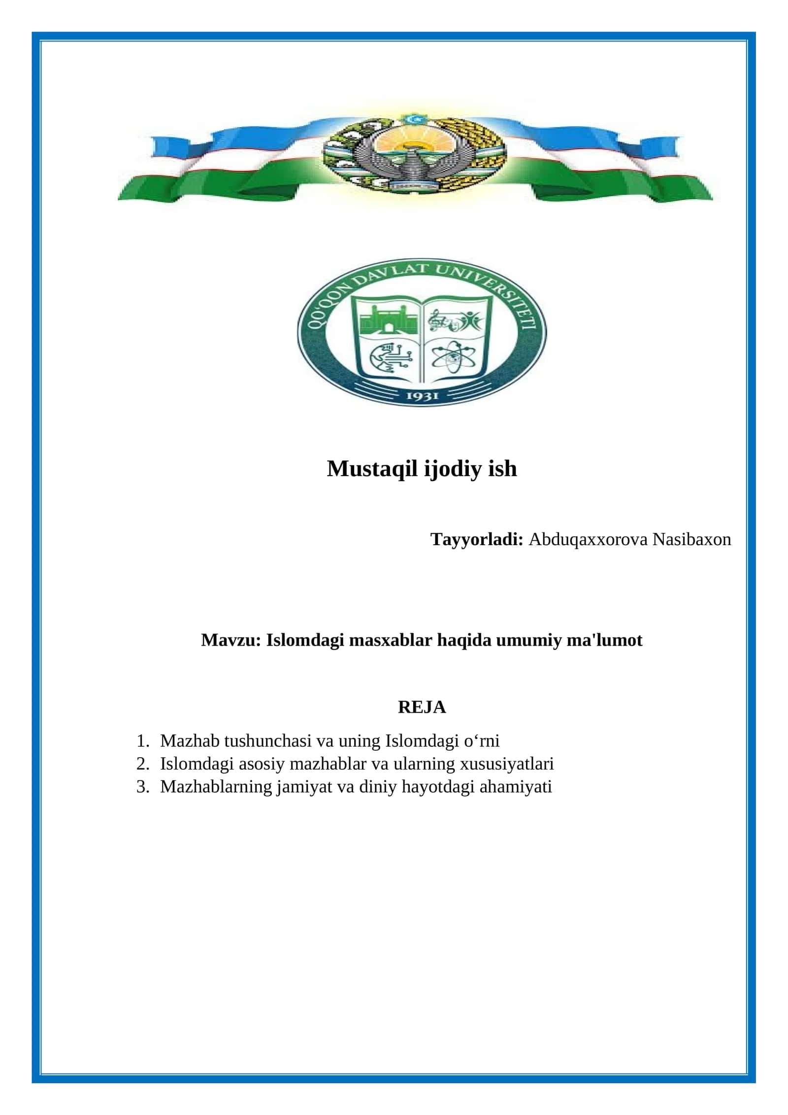 Islomdagi masxablar haqida umumiy ma'lumot 1