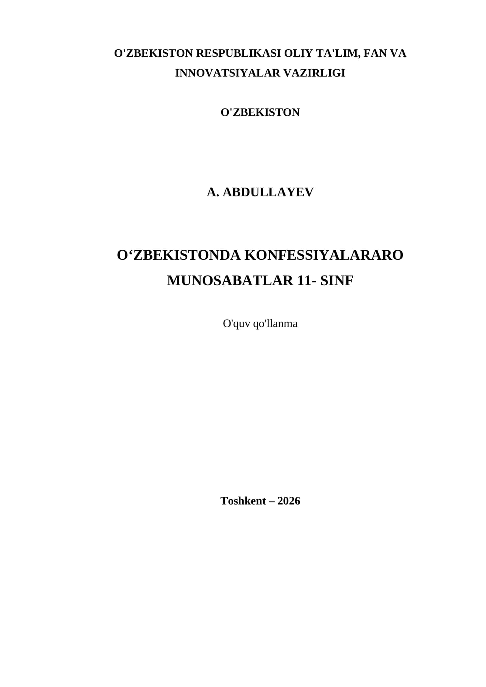 O‘ZBEKISTONDA KONFESSIYALARARO MUNOSABATLAR 11- SINF 1