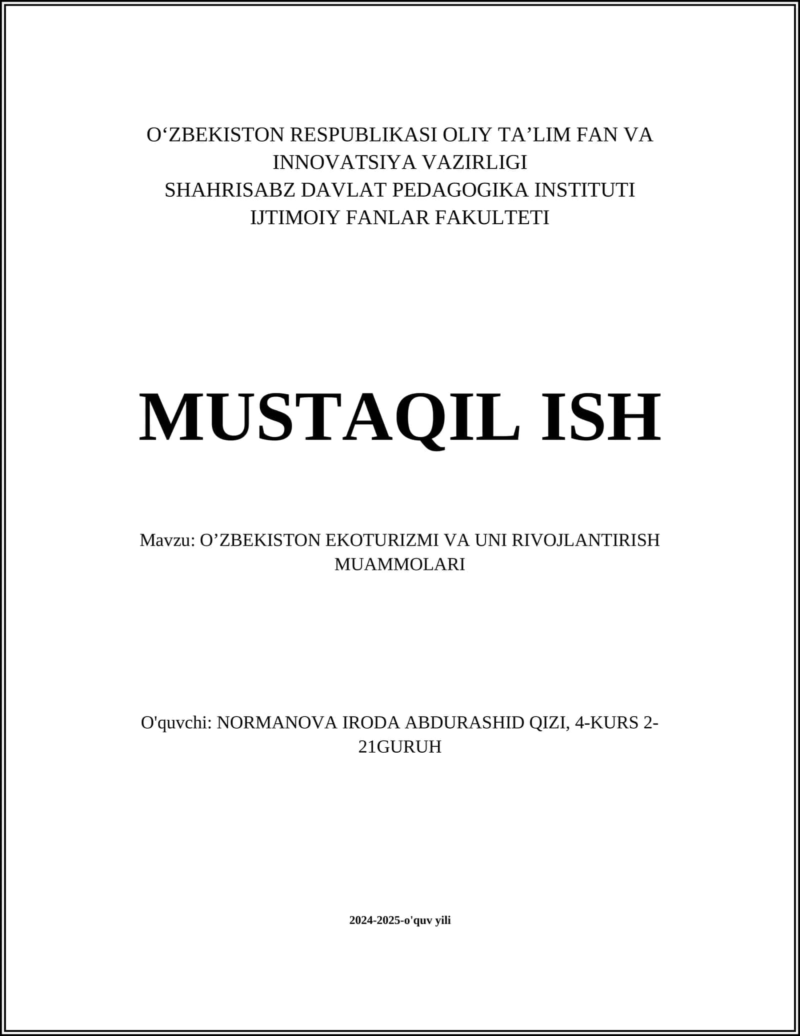 O’ZBEKISTON EKOTURIZMI VA UNI RIVOJLANTIRISH MUAMMOLARI 1