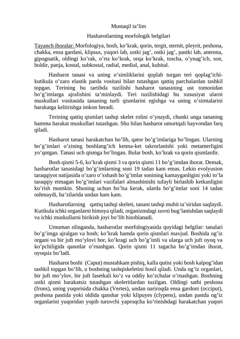 Hasharotlarning morfologik belgilari 1