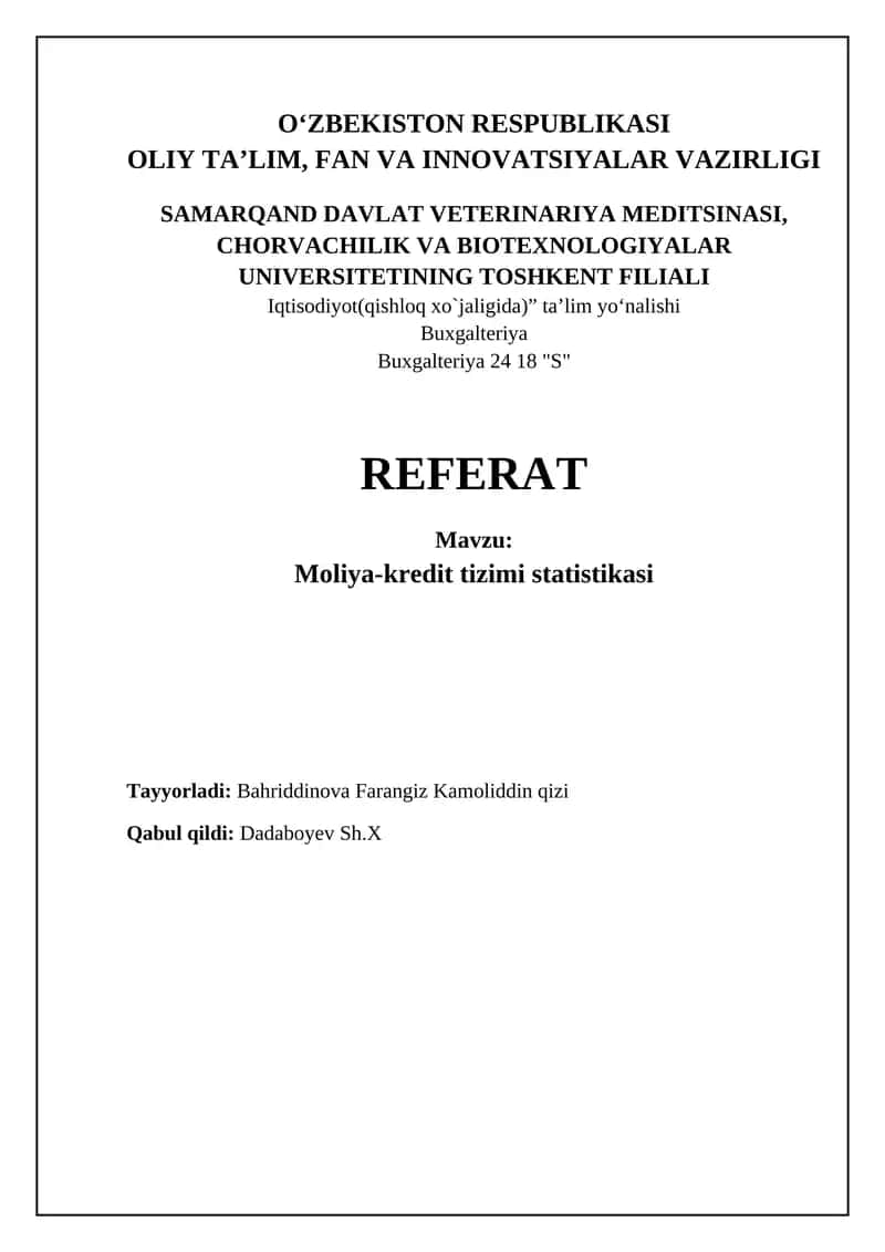 Moliya-kredit tizimi statistikasi 1