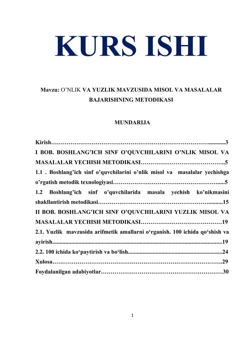 O’NLIK VA YUZLIK MAVZUSIDA MISOL VA MASALALAR BAJARISHNING METODIKASI 1