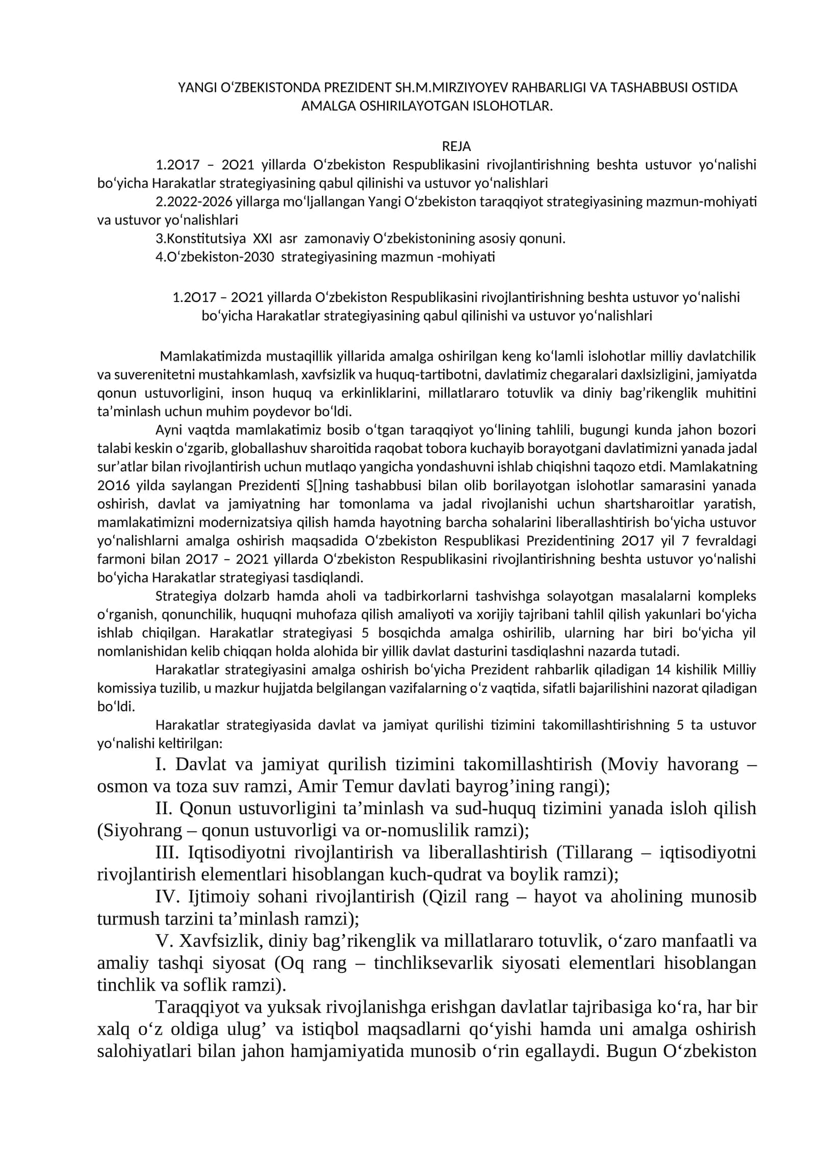 YANGI O‘ZBEKISTONDA PREZIDENT SH.M.MIRZIYOYEV RAHBARLIGI VA TASHABBUSI OSTIDA AMALGA OSHIRILAYOTGAN ISLOHOTLAR 1