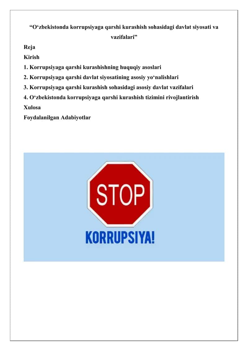 O‘zbekistonda korrupsiyaga qarshi kurashish sohasidagi davlat siyosati va vazifalari 1