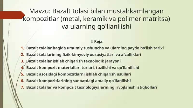 Bazalt tolasi bilan mustahkamlangan kompozitlar (metal, keramik va polimer matritsa) va ularning qo'llanilishi 1