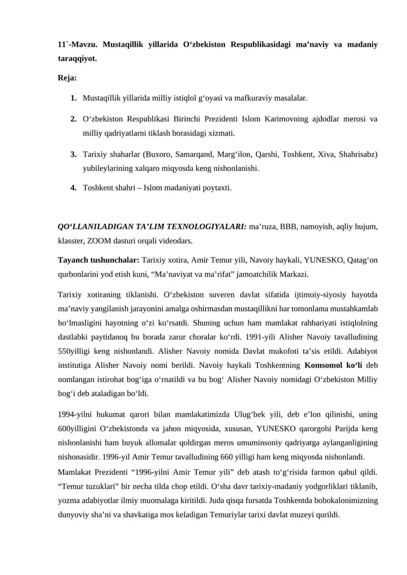 Mustaqillik yillarida O‘zbekiston Respublikasidagi ma’naviy va madaniy taraqqiyot. 1