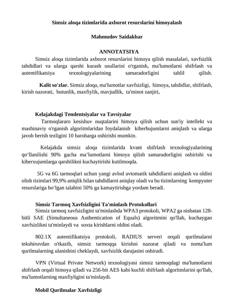 Simsiz aloqa tizimlarida axborot resurslarini himoyalash 1