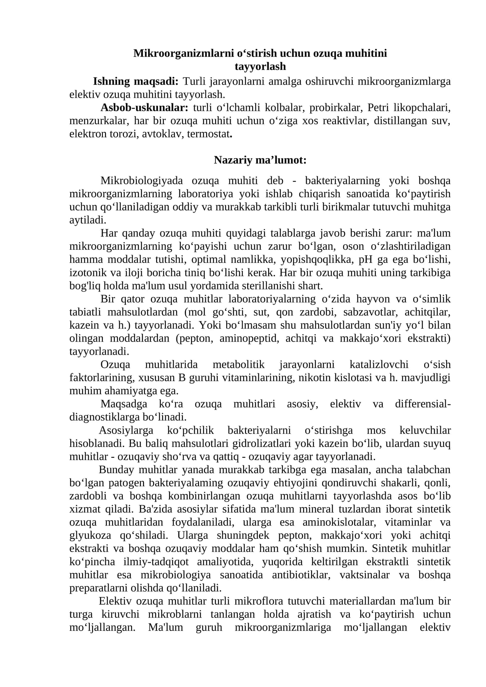 Mikroorganizmlarni o'stirish uchun ozuqa muhitini tayyorlash 1