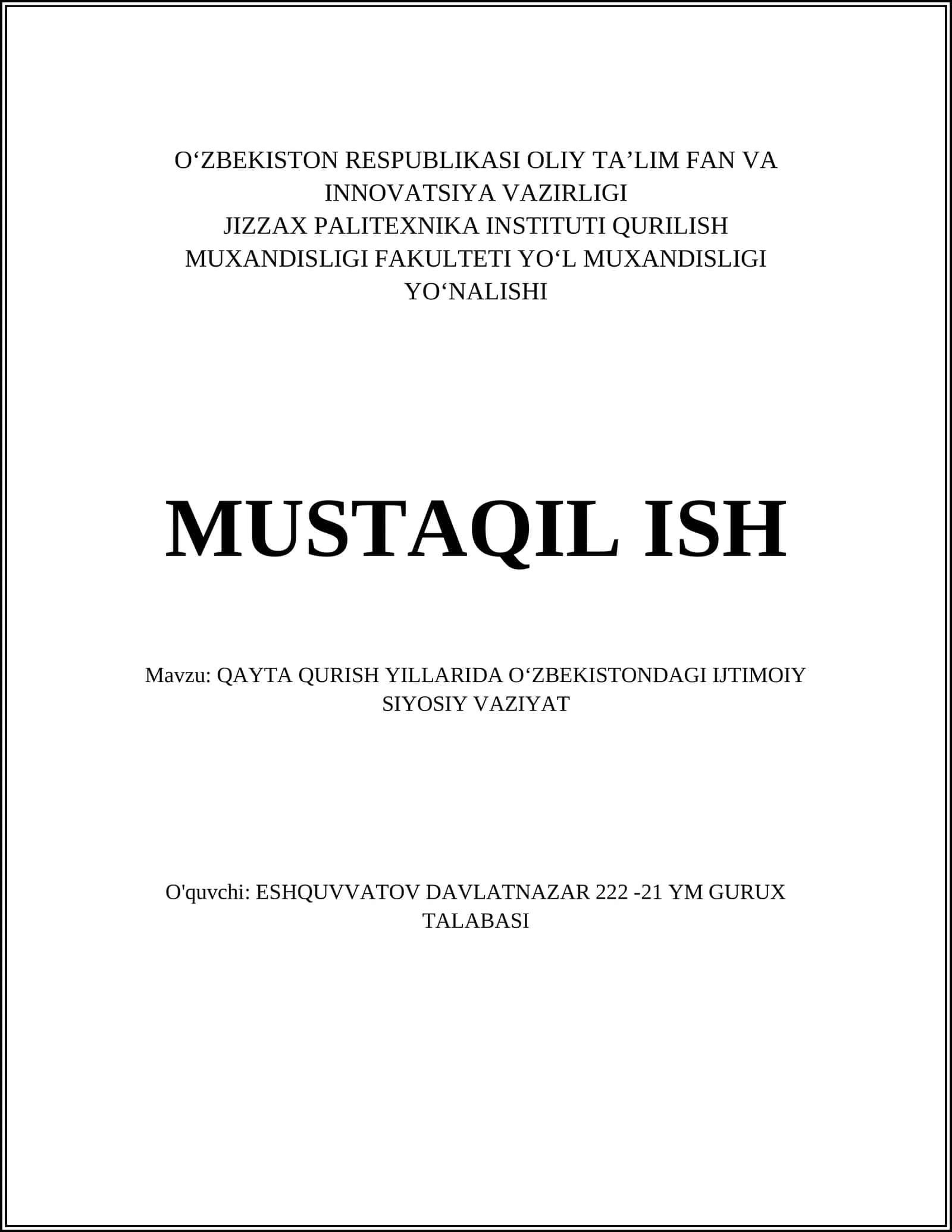 QAYTA QURISH YILLARIDA OʻZBEKISTONDAGI IJTIMOIY SIYOSIY VAZIYAT 1
