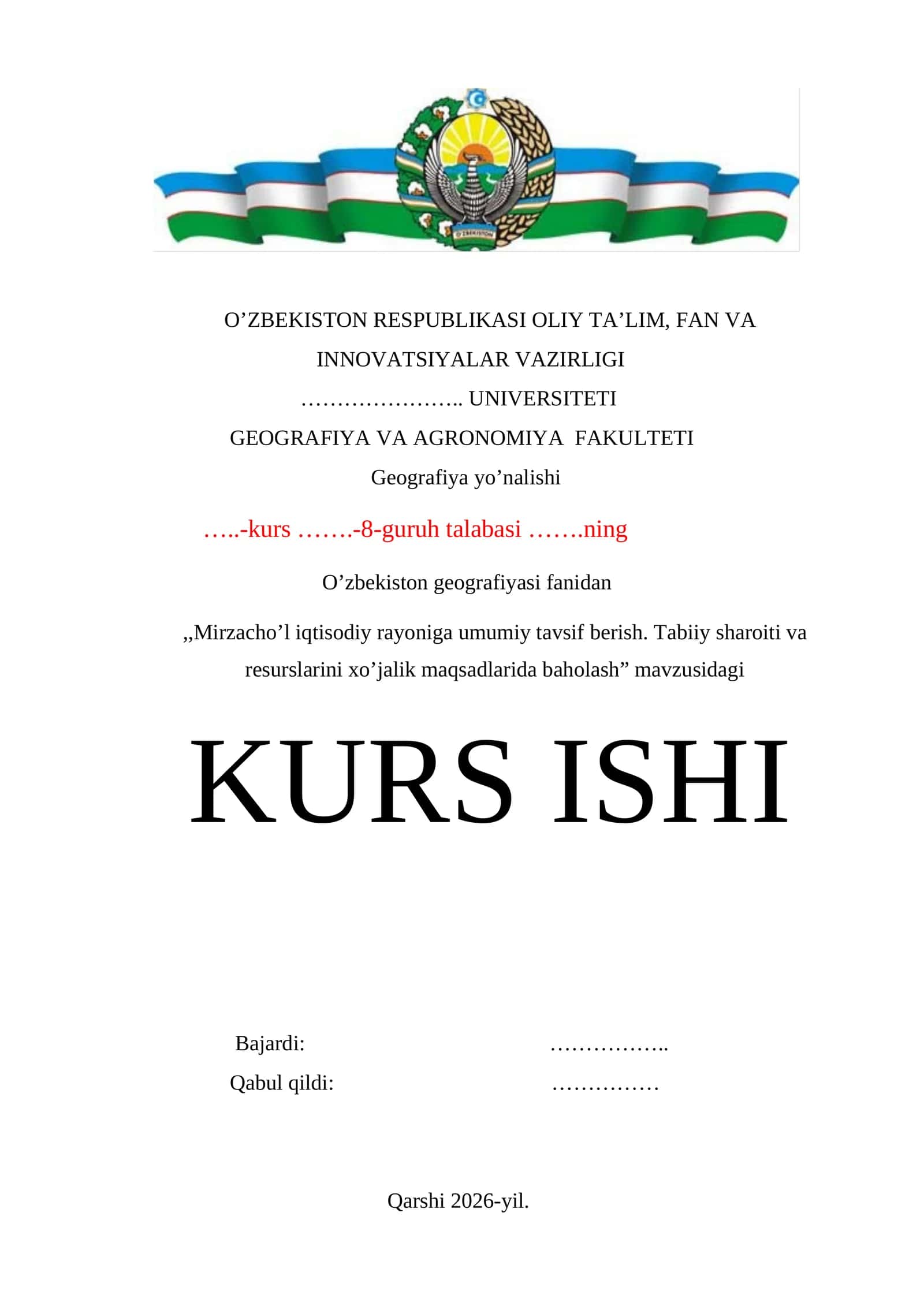 Mirzacho’l iqtisodiy rayoniga umumiy tavsif berish. Tabiiy sharoiti va resurslarini xo’jalik maqsadlarida baholash kurs ishi 1