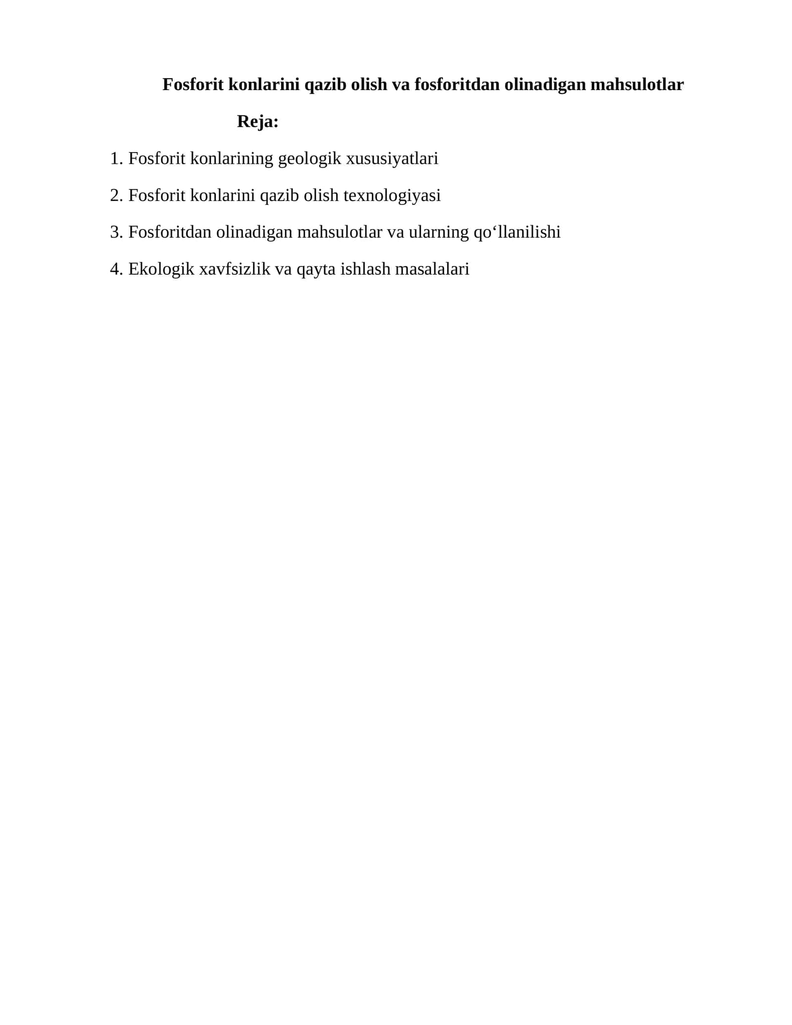 Fosforit konlarini qazib olish va fosforitdan olinadigan mahsulotlar 1