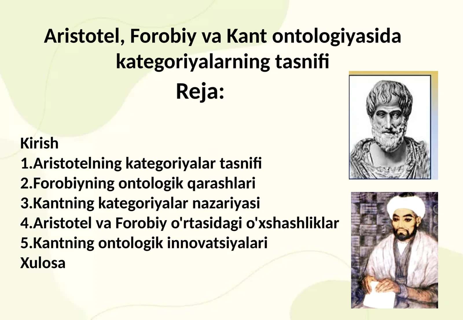 Aristotel, Forobiy va Kant ontologiyasida kategoriyalarning tasnifi 1