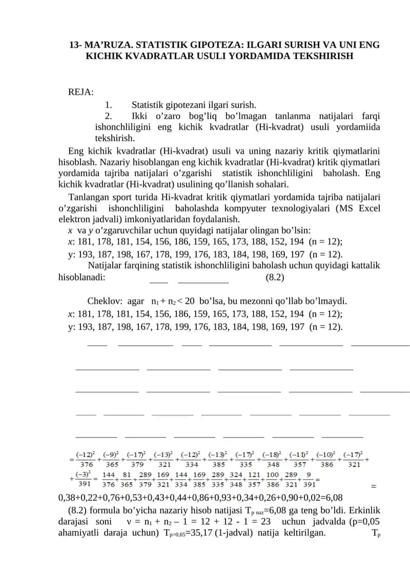 STATISTIK GIPOTEZA: ILGARI SURISH VA UNI ENG KICHIK KVADRATLAR USULI YORDAMIDA TEKSHIRISH 1