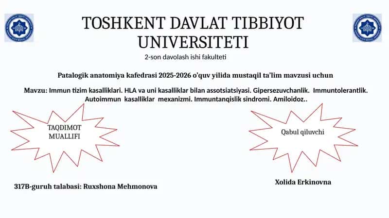 Immun tizim kasalliklari. HLA va uni kasalliklar bilan assotsiatsiyasi 1