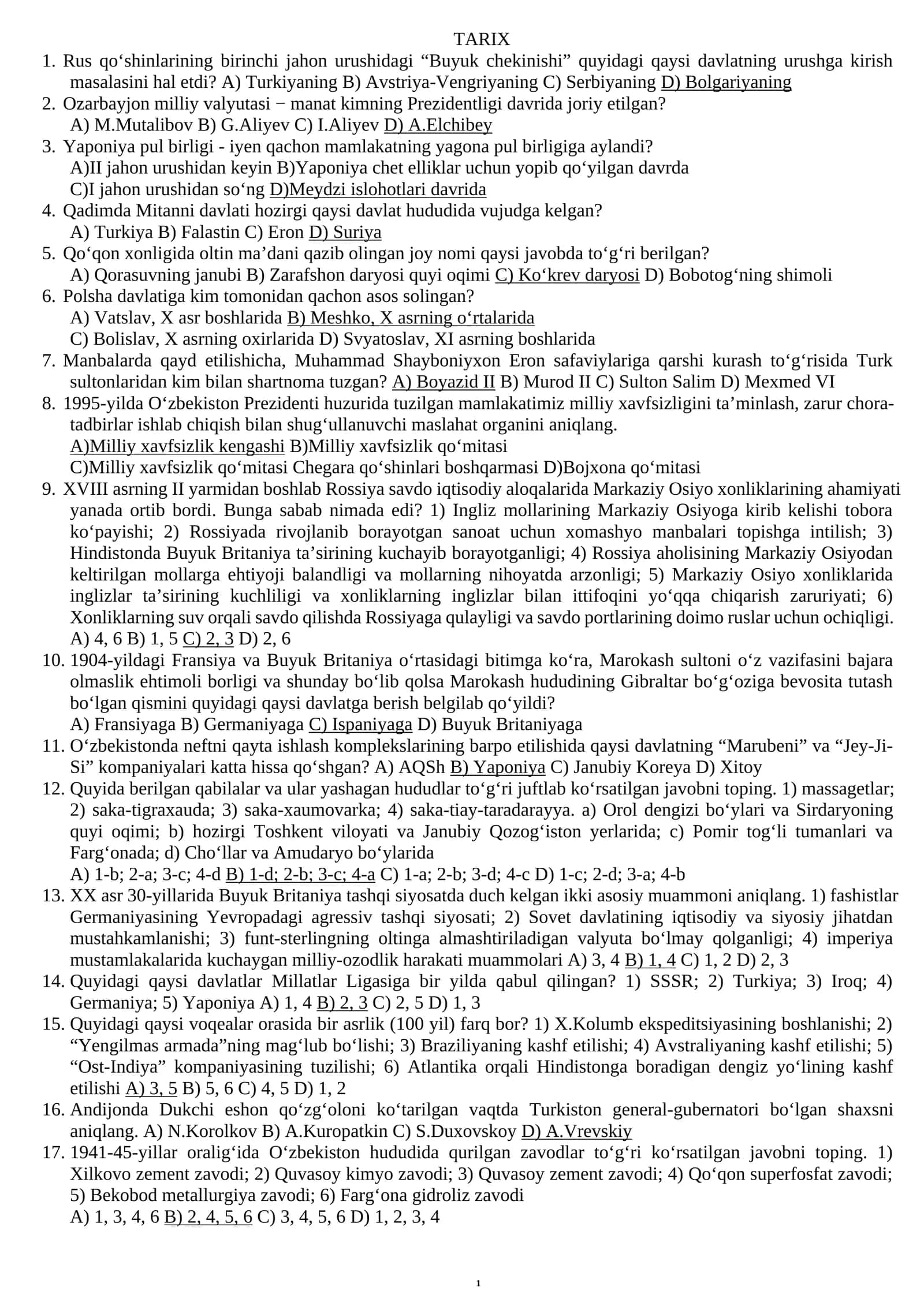 Tarix attestatsiya savollari va javoblari ehtimoliy savollar va tushgan savollar javobi bilan 1