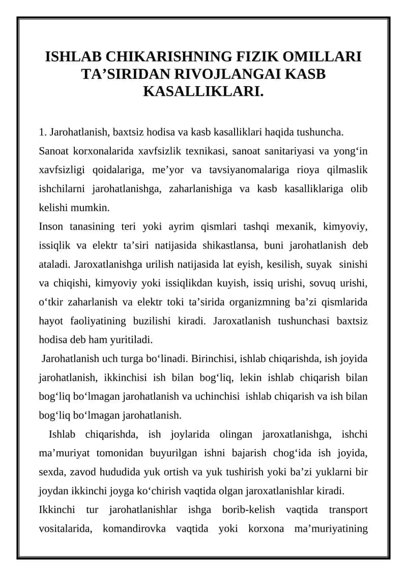 Ishlab chiqarishning fizik omillari ta’siridan rivojlangai kasb kasalliklari 1