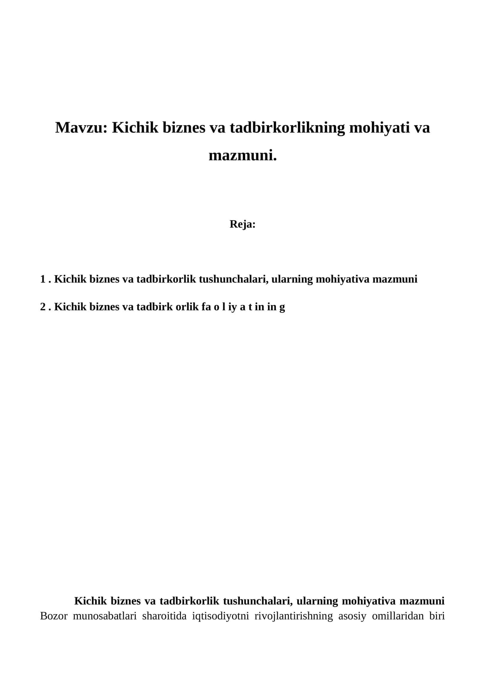 Kichik biznes va tadbirkorlikning mohiyati va mazmuni 1