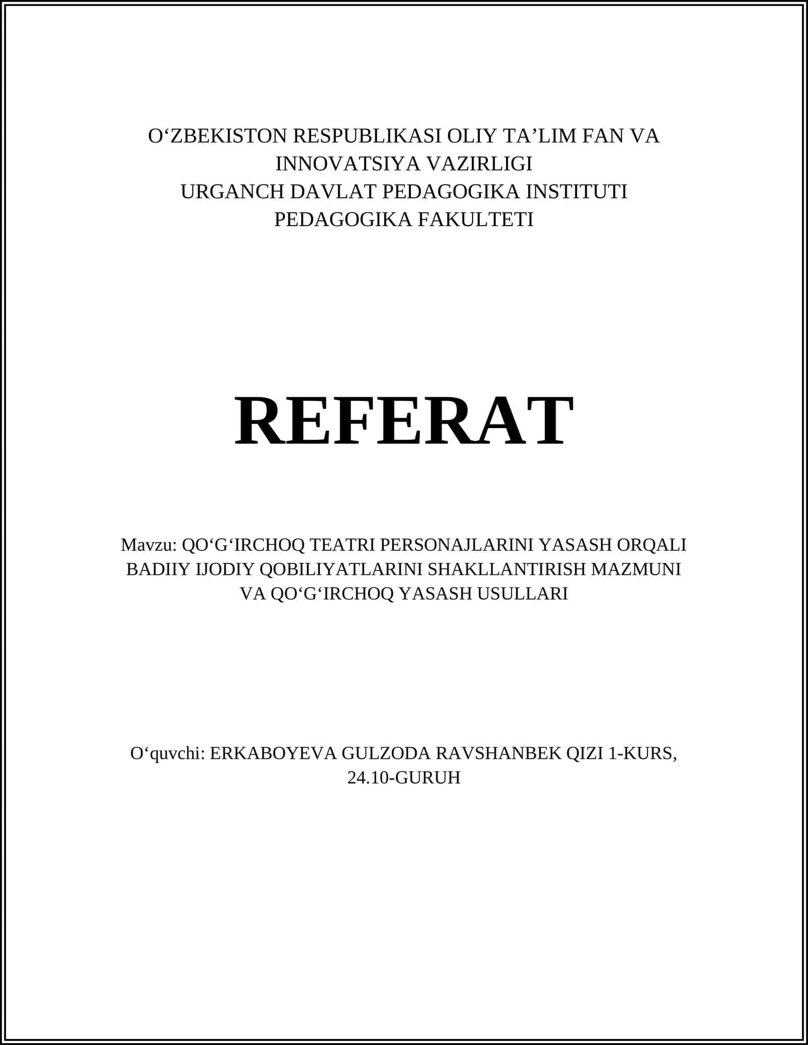 QOʻGʻIRCHOQ TEATRI PERSONAJLARINI YASASH ORQALI BADIIY IJODIY QOBILIYATLARINI SHAKLLANTIRISH 1