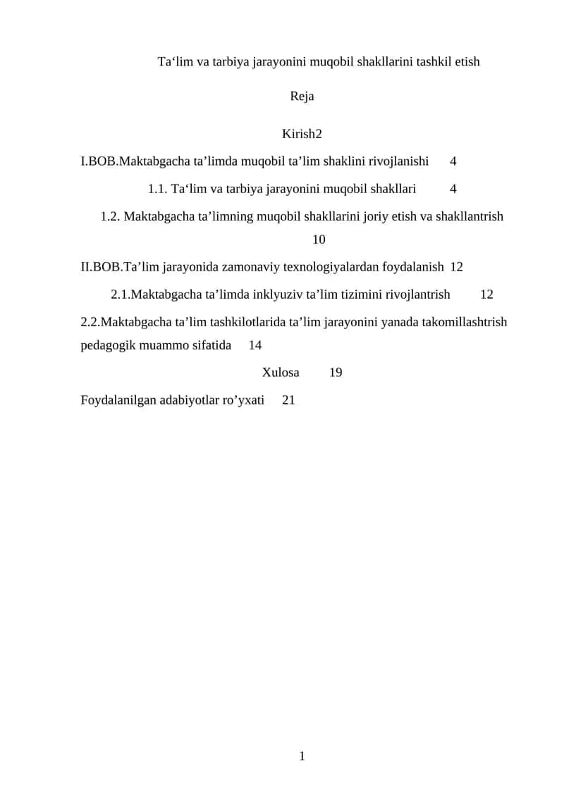Maktabgacha ta'limning muqobil shakllarini joriy etish va shakllantrish 1