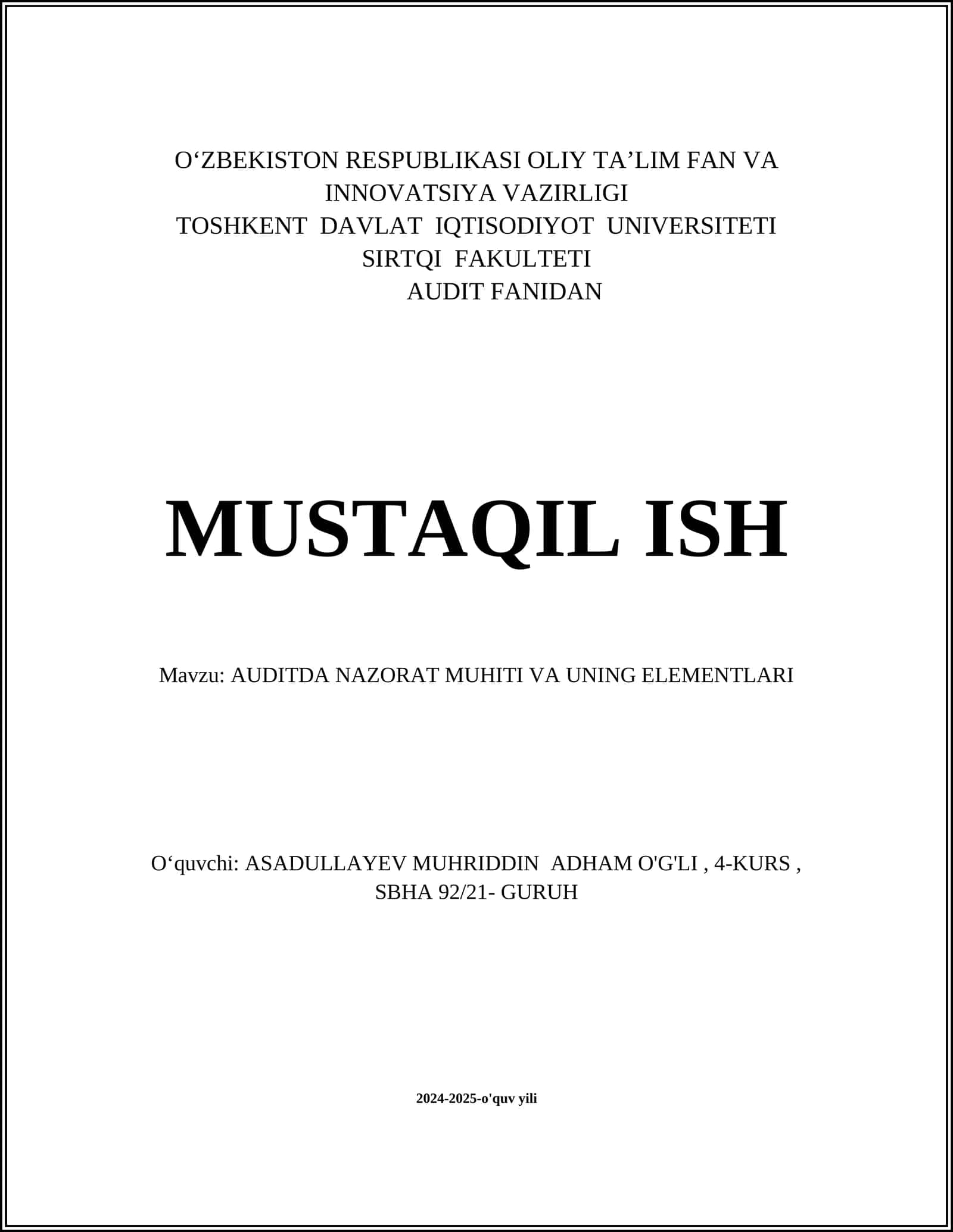 AUDITDA NAZORAT MUHITI VA UNING ELEMENTLARI 1