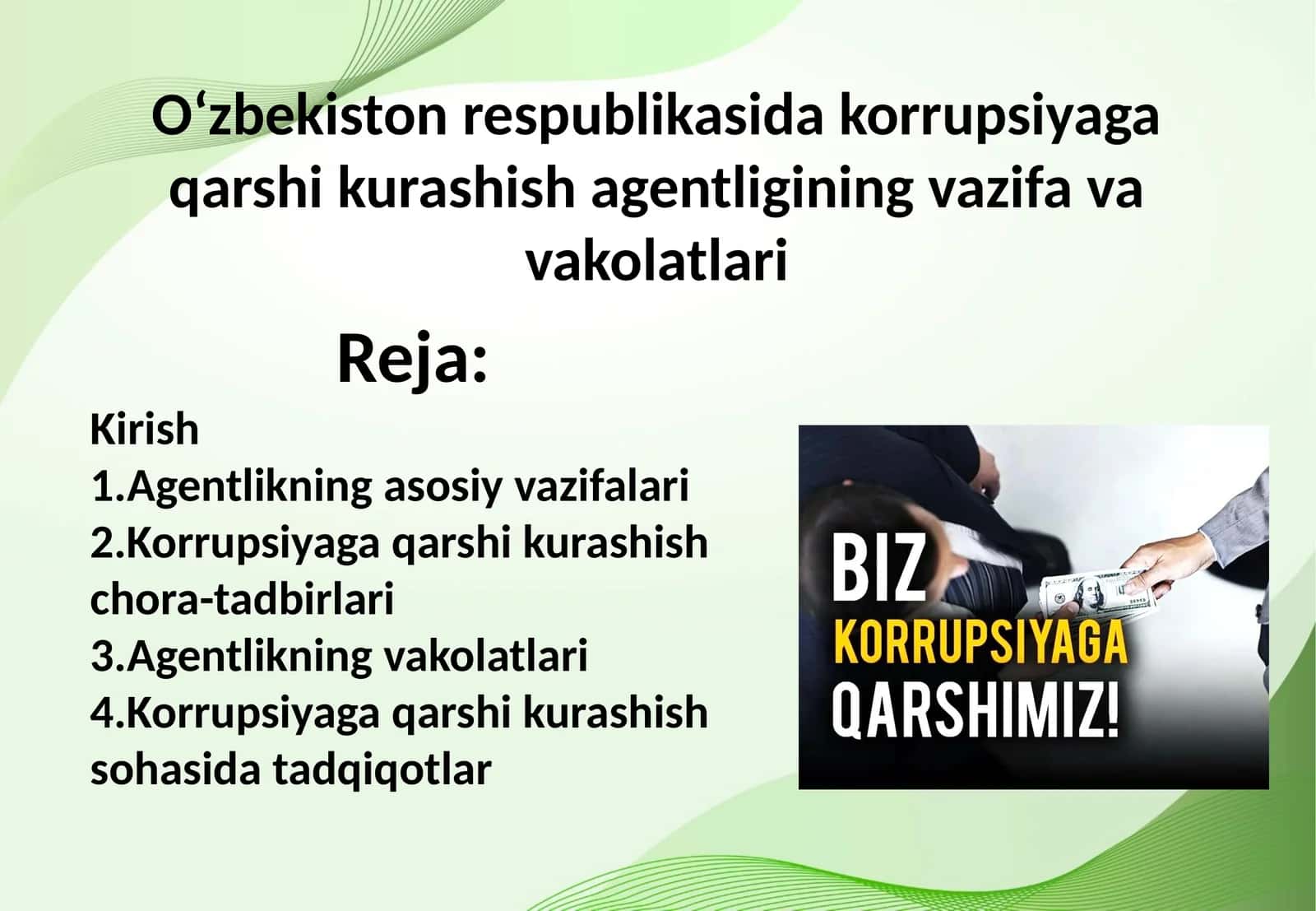 Oʻzbekiston respublikasida korrupsiyaga qarshi kurashish agentligining vazifa va vakolatlari 1