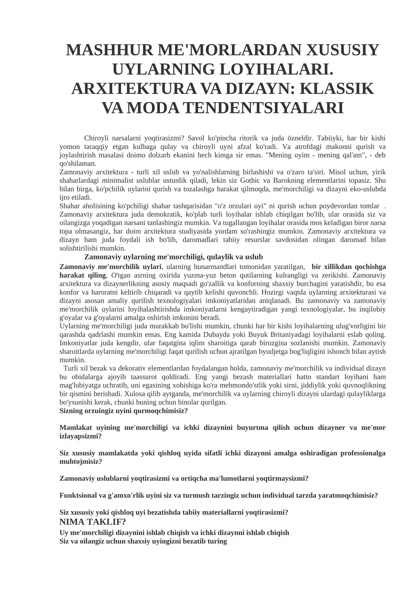 MASHHUR ME'MORLARDAN XUSUSIY UYLARNING LOYIHALARI. ARXITEKTURA VA DIZAYN: KLASSIK VA MODA TENDENTSIYALARI 1