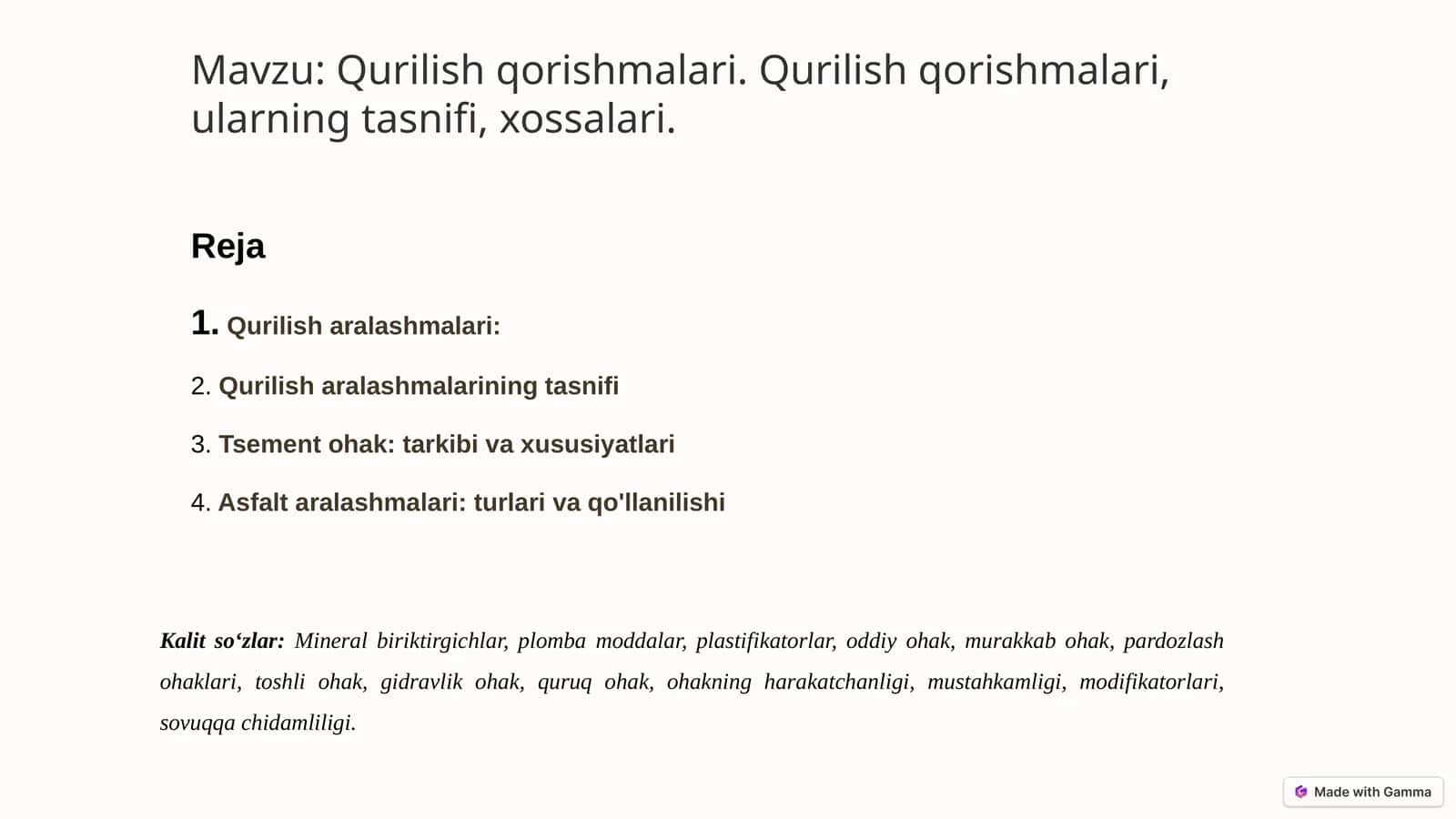 Qurilish qorishmalari. Qurilish qorishmalari, ularning tasnifi, xossalari 1
