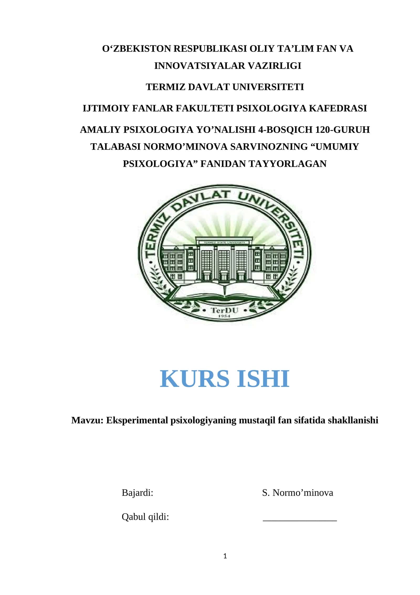 Eksperimental psixologiyaning mustaqil fan sifatida shakllanishi 1