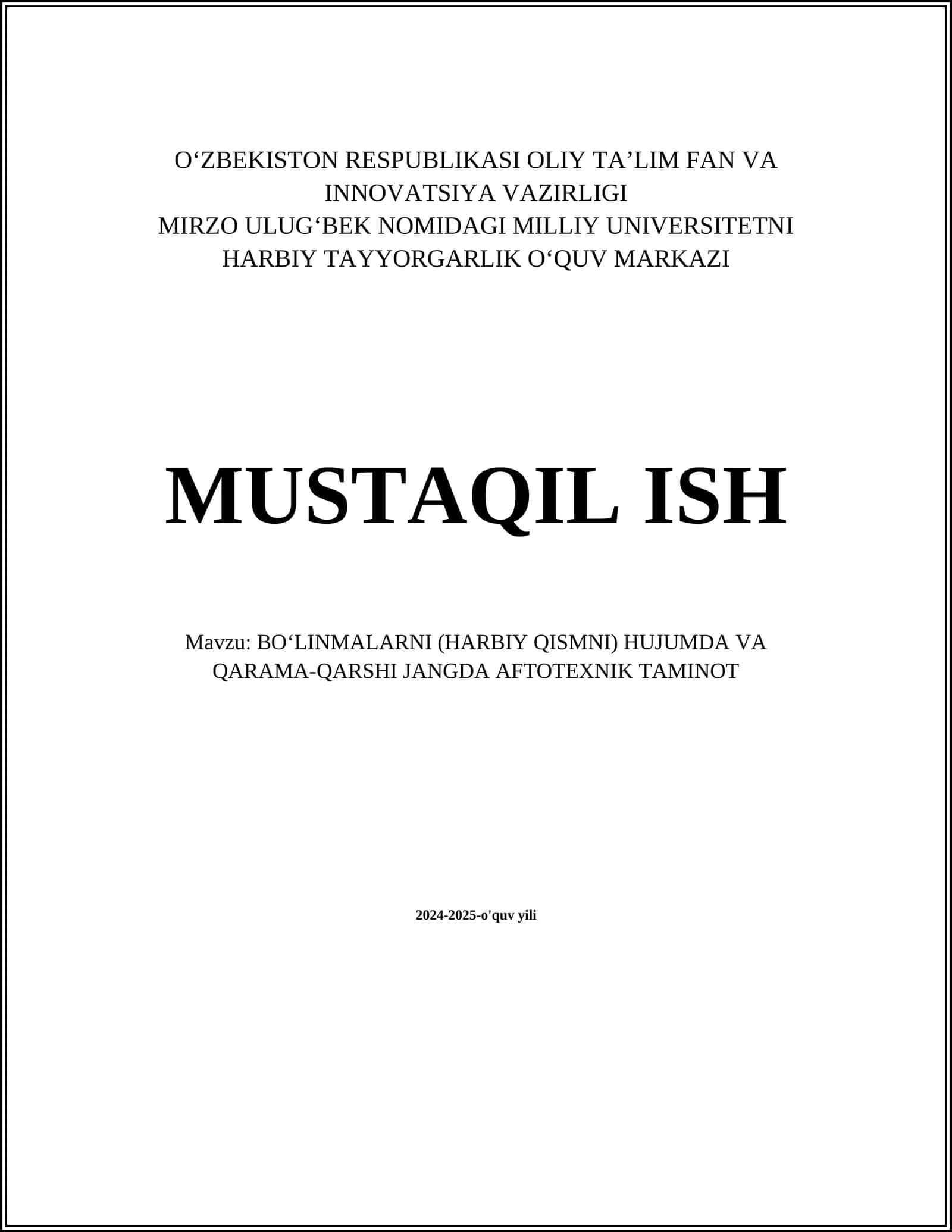 BOʻLINMALARNI (HARBIY QISMNI) HUJUMDA VA QARAMA-QARSHI JANGDA AFTOTEXNIK TAMINOT 1