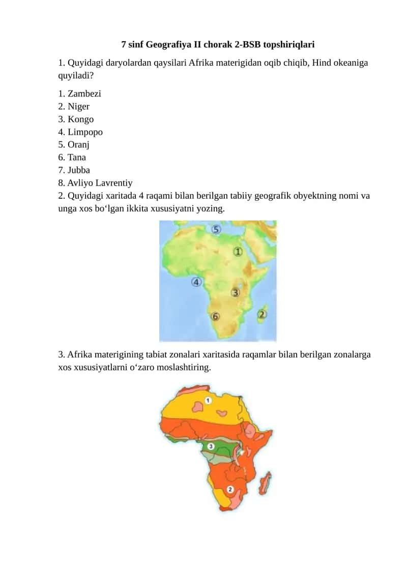 7 sinf Geografiya II chorak 2-BSB topshiriqlari 1