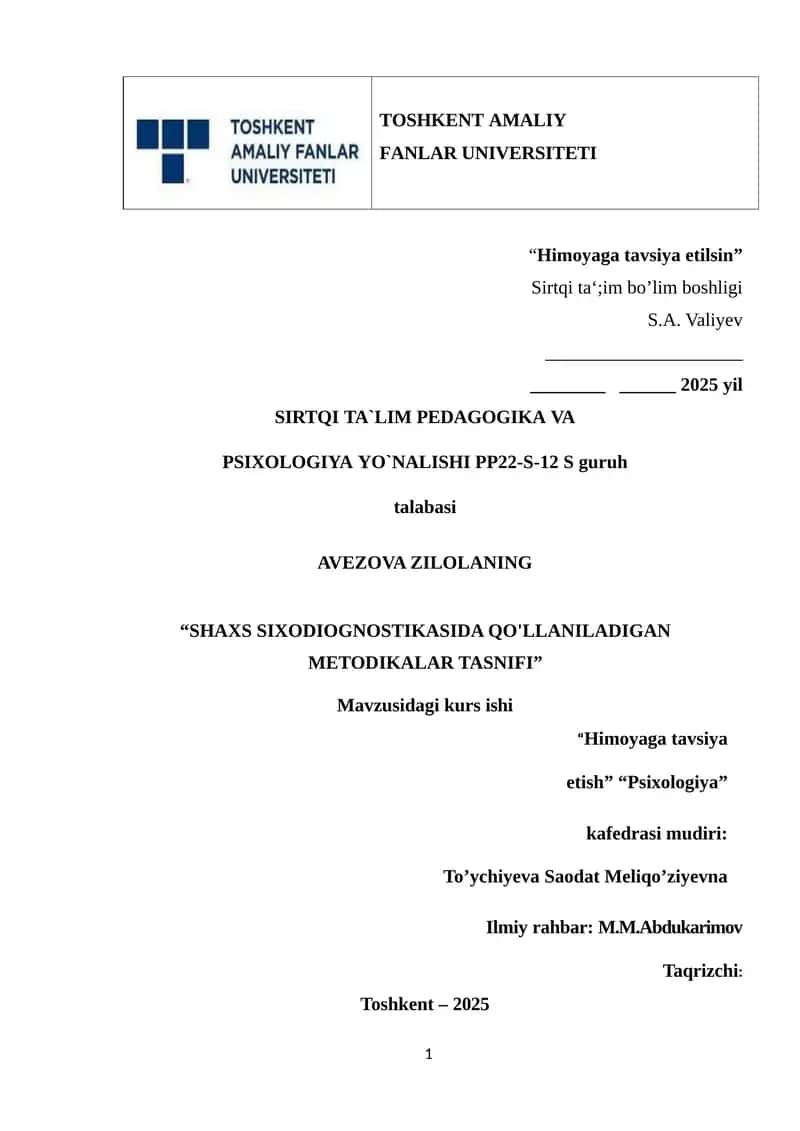 SHAXS SIXODIOGNOSTIKASIDA QO'LLANILADIGAN METODIKALAR TASNIFI. 1