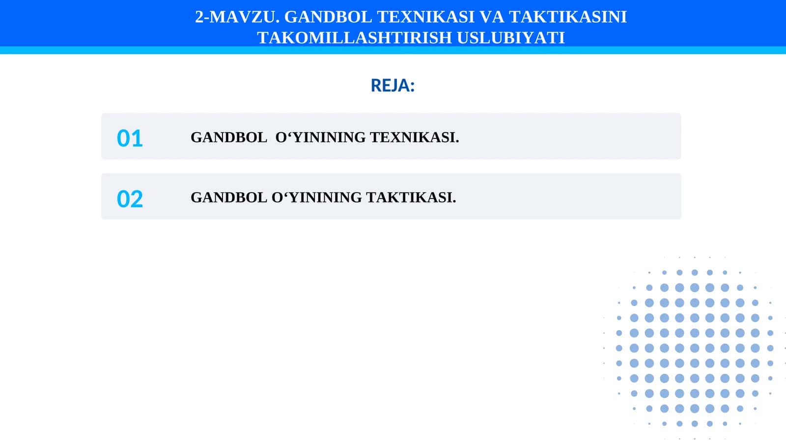 GANDBOL TEXNIKASI VA TAKTIKASINI TAKOMILLASHTIRISH USLUBIYATI 1