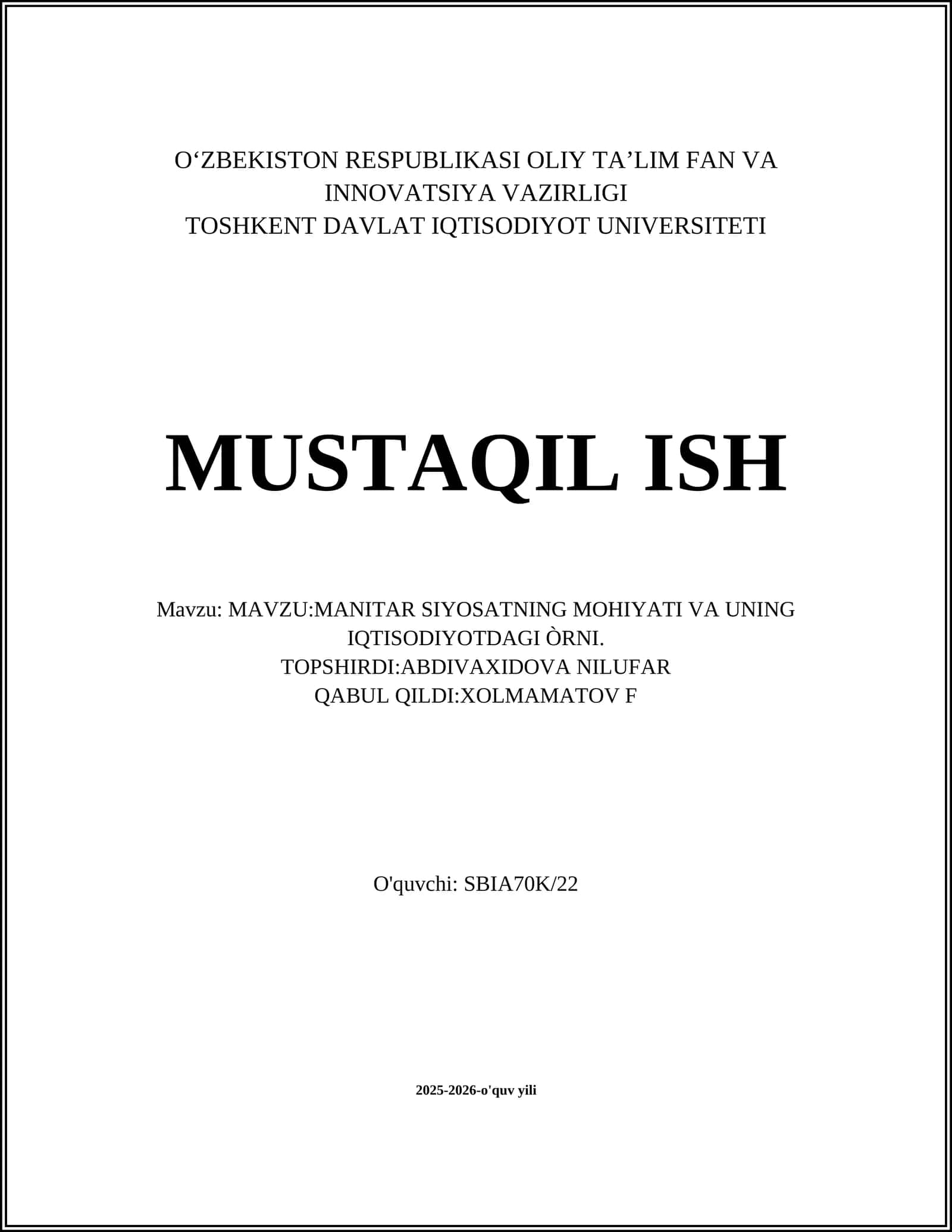 MANITAR SIYOSATNING MOHIYATI VA UNING IQTISODIYOTDAGI ÒRNI 1