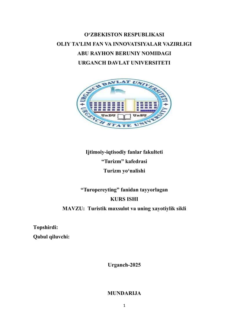 Turistik maxsulot va uning xayotiylik sikli 1