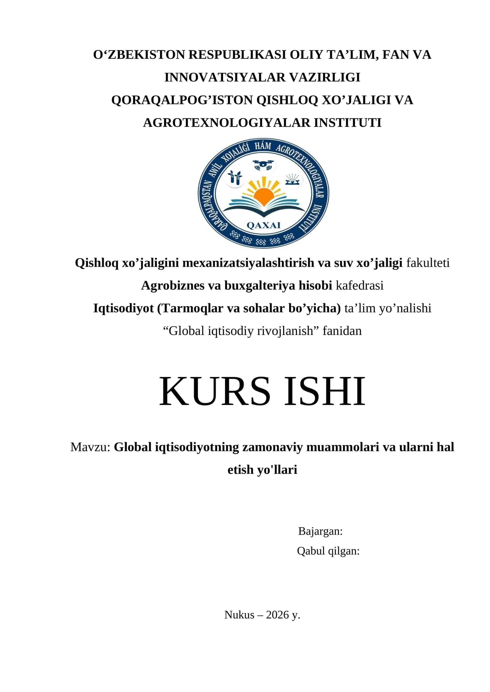 Global iqtisodiyotning zamonaviy muammolari va ularni hal etish yo'llari 1