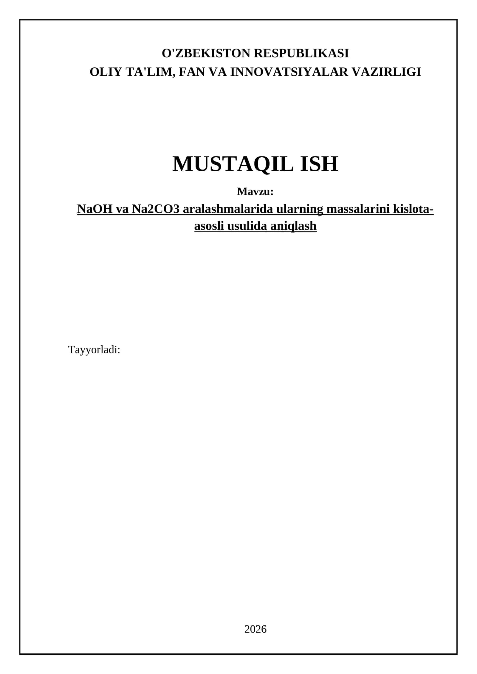 NaOH va Na2CO3 aralashmalarida ularning massalarini kislota-asosli usulida aniqlash 1