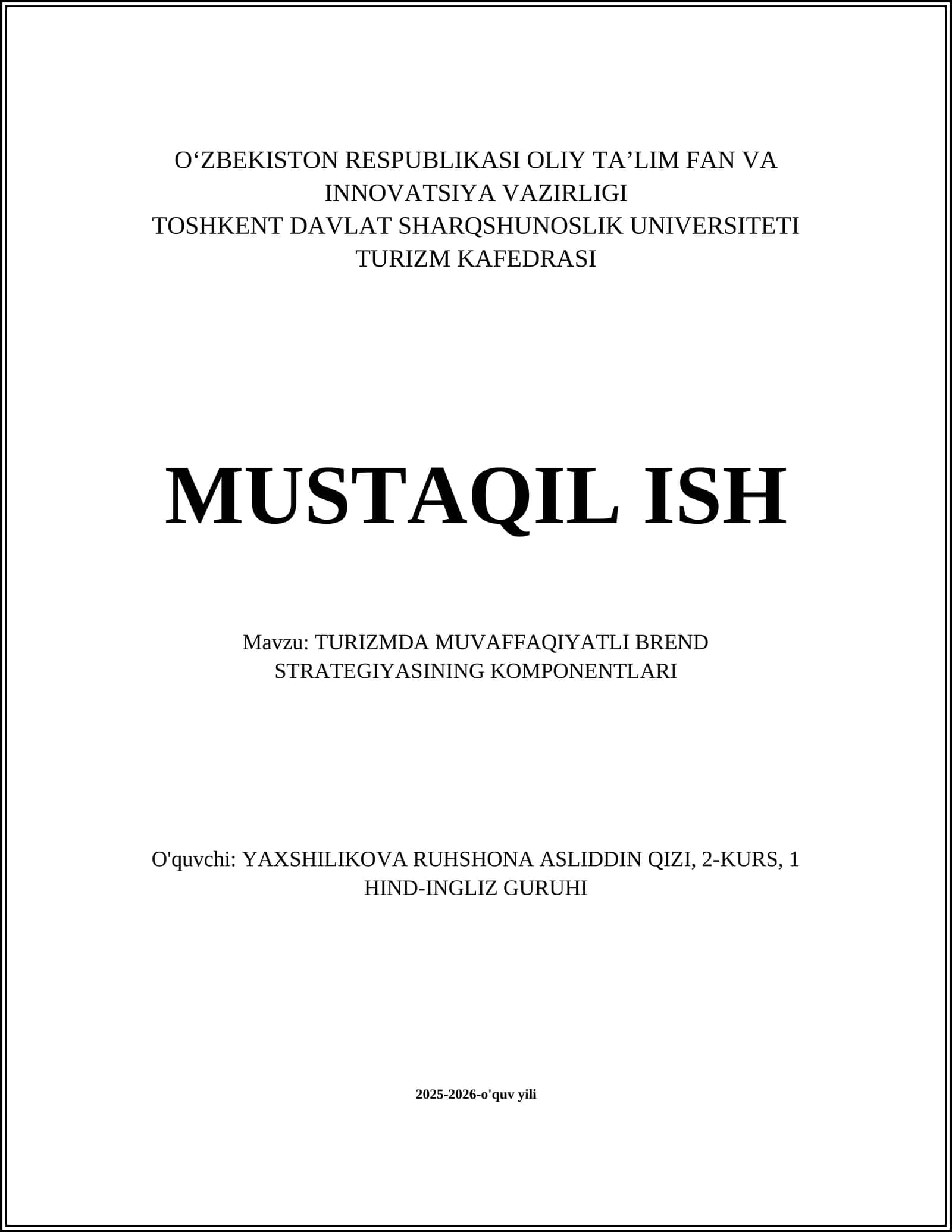 TURIZMDA MUVAFFAQIYATLI BREND STRATEGIYASINING KOMPONENTLARI 1