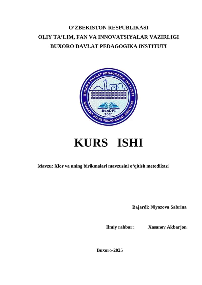 Xlor va uning birikmalari mavzusini oʻqitish metodikasi 1