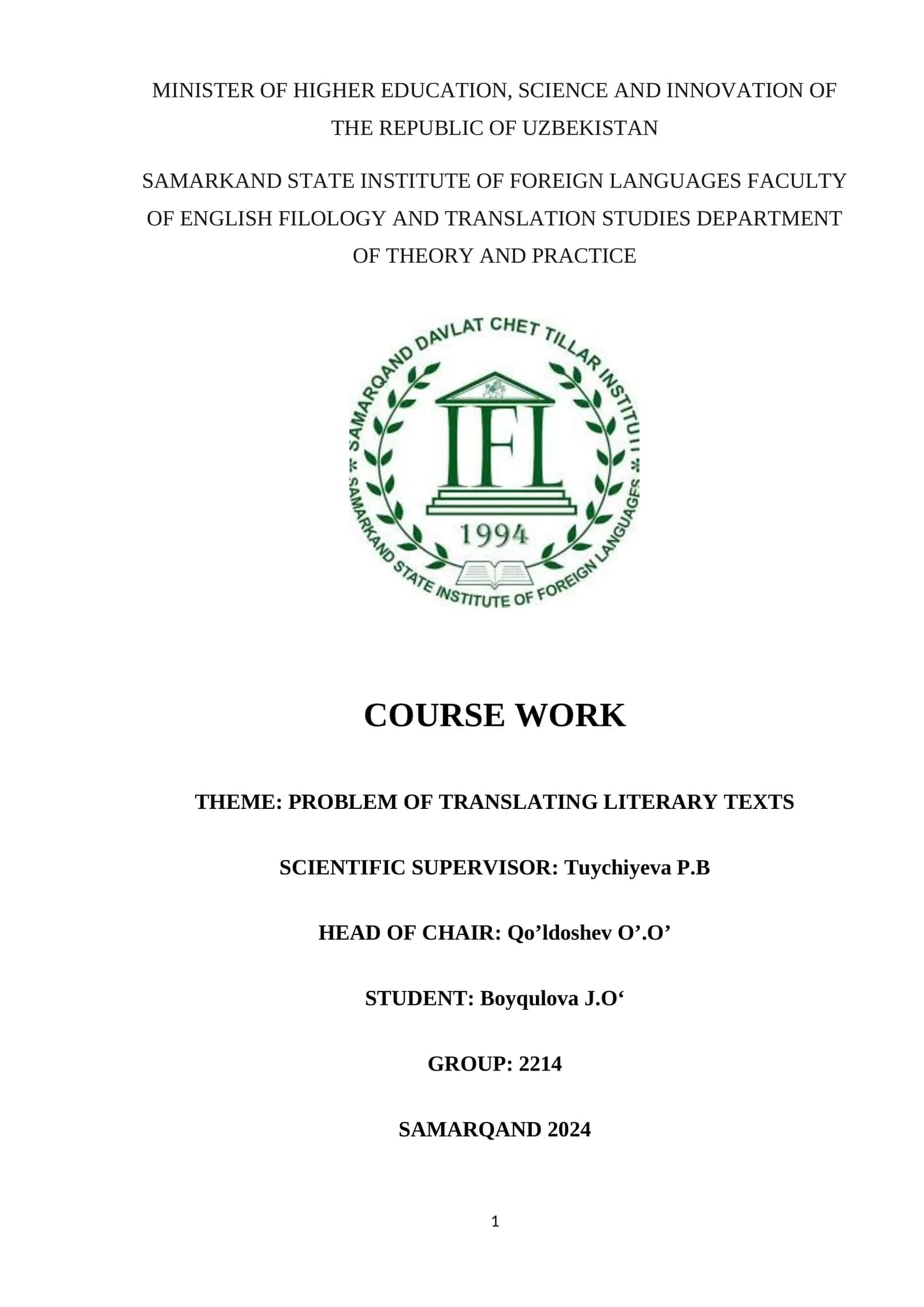 PROBLEM OF TRANSLATING LITERARY TEXTS 1