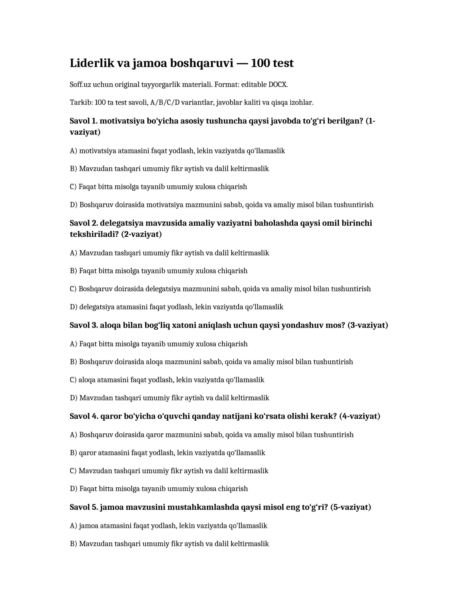Liderlik va jamoa boshqaruvi — 100 test 1