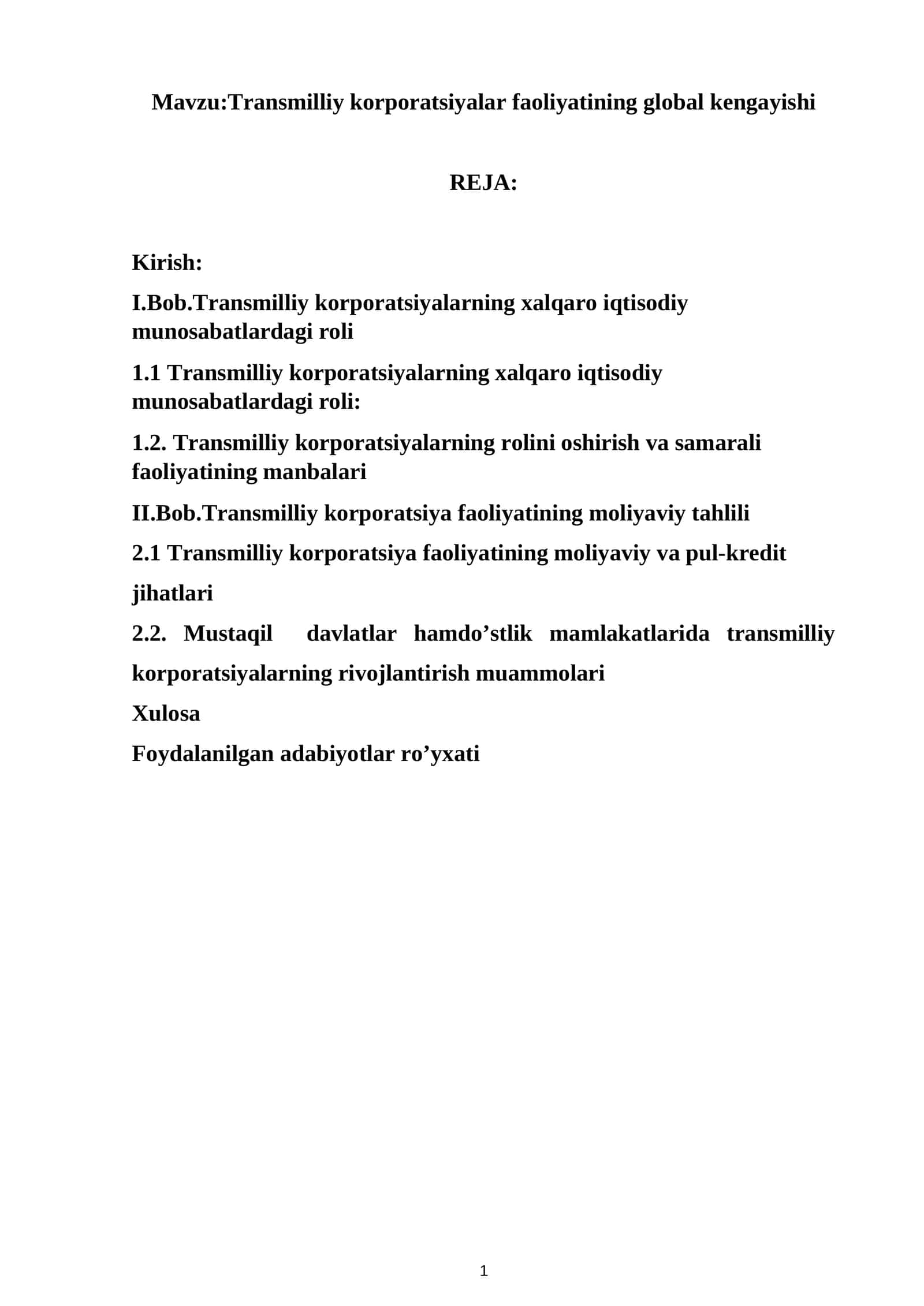 Transmilliy korporatsiyalar faoliyatining global kengayishi 1