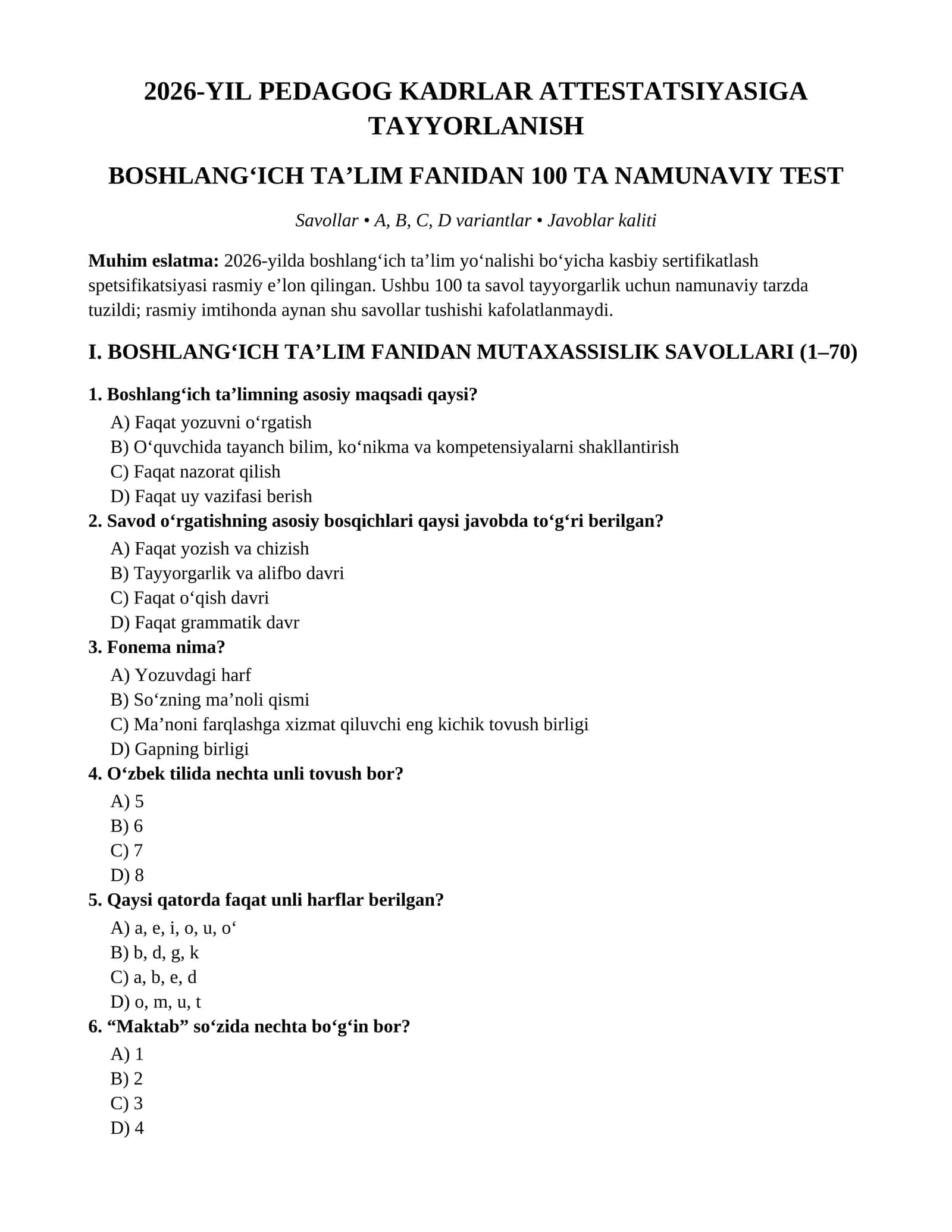 Toifa attestatsiya uchun Boshlangich_talim_2026_100_ta_test_javoblari 1