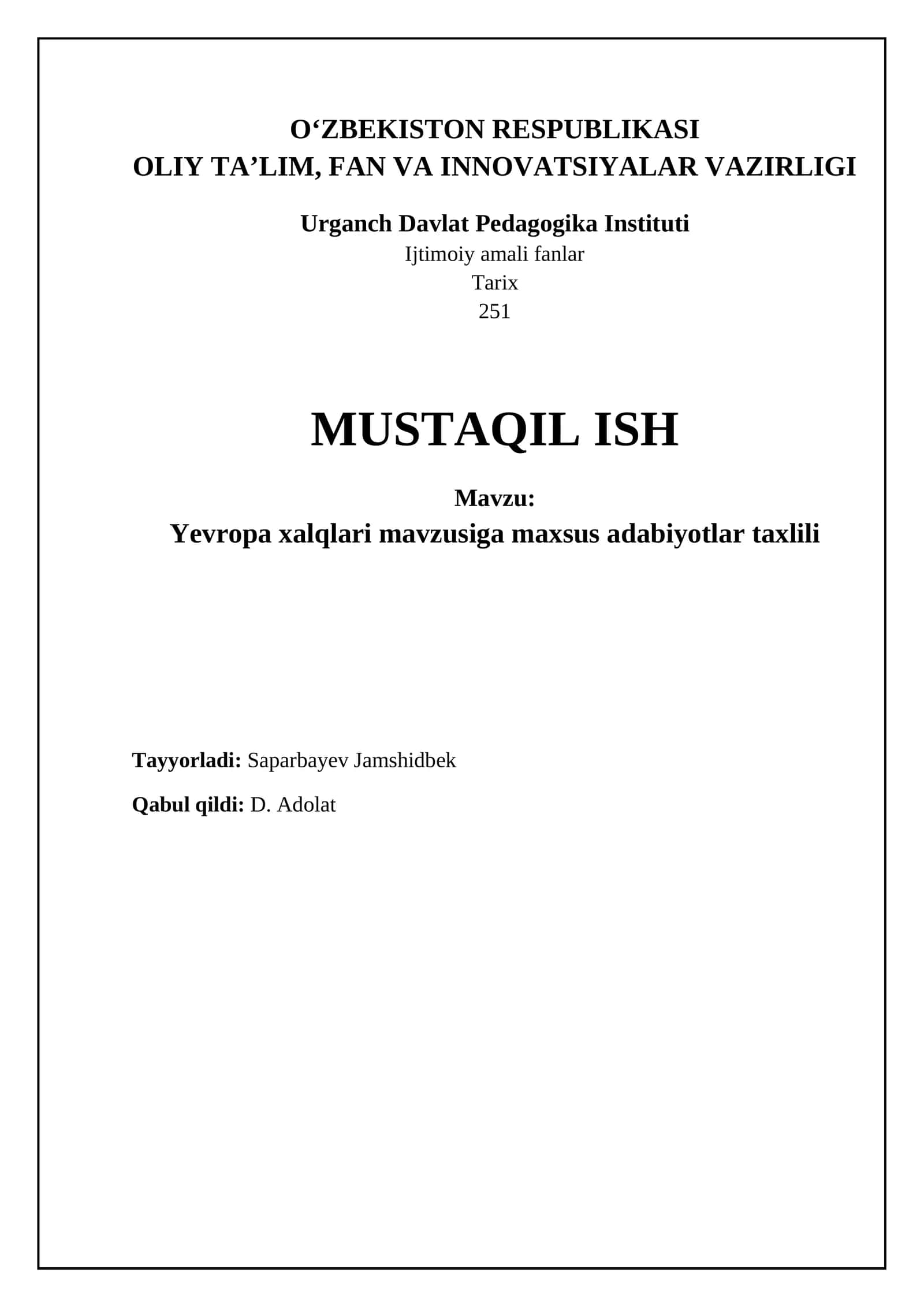 Yevropa xalqlari mavzusiga maxsus adabiyotlar taxlili 1