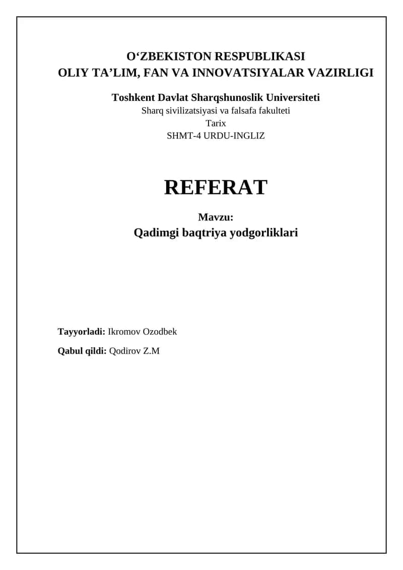 Qadimgi Baqtriya: Tarix va Madaniyat 1