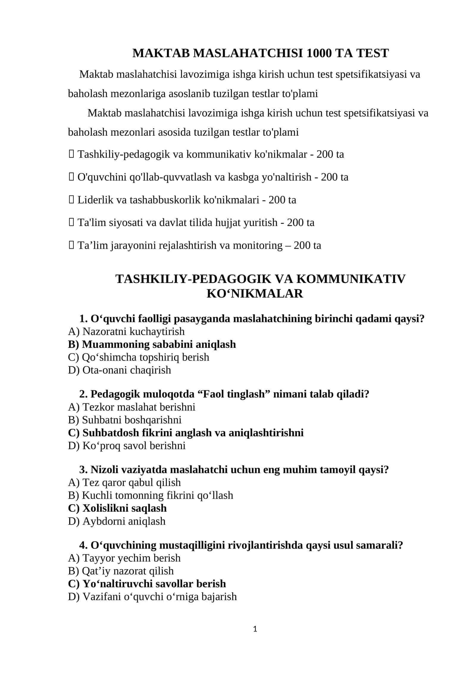 MAKTAB MASLAHATCHISI 1000 TA TEST 1