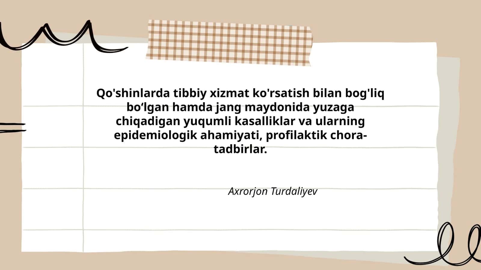 Qo'shinlarda tibbiy xizmat ko'rsatish bilan bog'liq boʻlgan hamda jang maydonida yuzaga chiqadigan yuqumli kasalliklar va ularning epidemiologik ahamiyati, profilaktik chora-tadbirlar 1