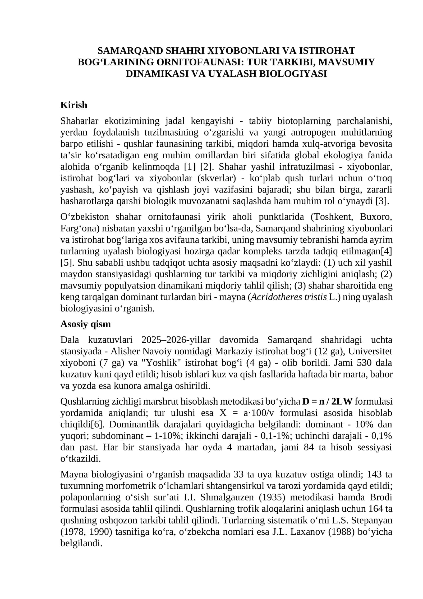 SAMARQAND SHAHRI XIYOBONLARI VA ISTIROHAT BOGʻLARINING ORNITOFAUNASI: TUR TARKIBI, MAVSUMIY DINAMIKASI VA UYALASH BIOLOGIYASI 1
